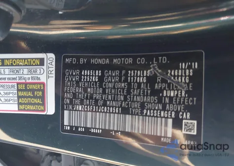 2018 Honda Clarity Plug-In Hybrid Touring z USA, uszkodzony, nr VIN JHMZC5F31JC020561